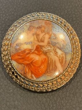 "Unconditional Love" Cameo Round Brooch Transferware Painting of Romantic Scene